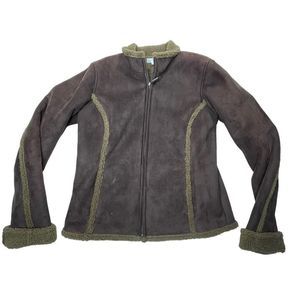 Charter Club Suede Faux Sherpa Full Zip Jacket Womens Small Brown Embroidered